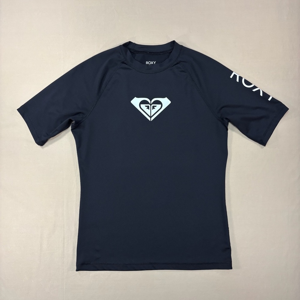 Roxy Whole Hearted Black Rash guard Short Sleeve with White Logo Girls Size XL 1